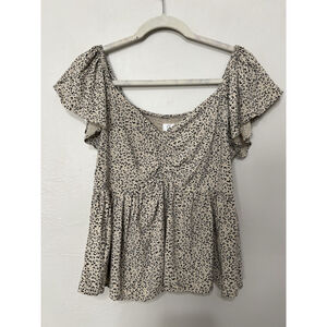 Japna Smocked Floral Babydoll Top Womens L Cream Black Cottagecore Peasant